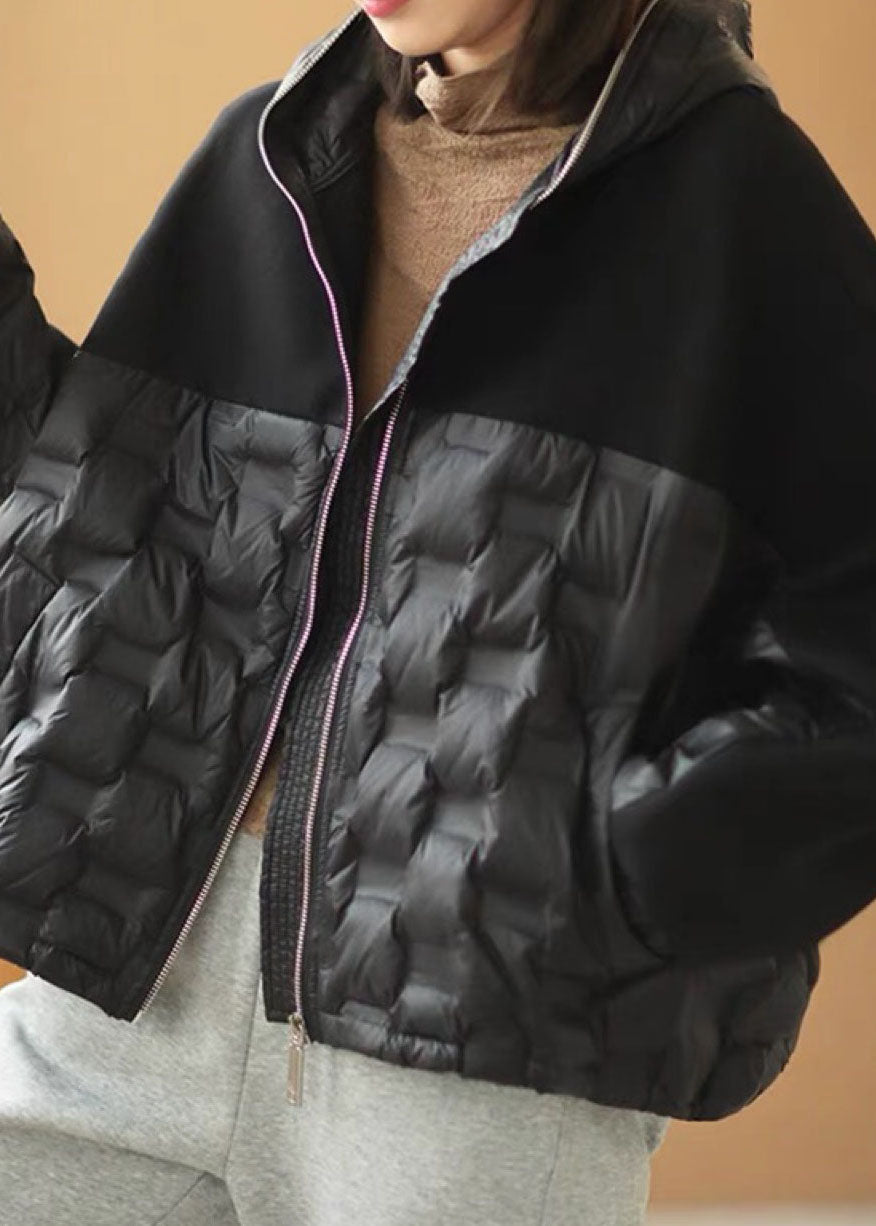 Beige Hooded Patchwork Pockets Winter Duck Down Jackets