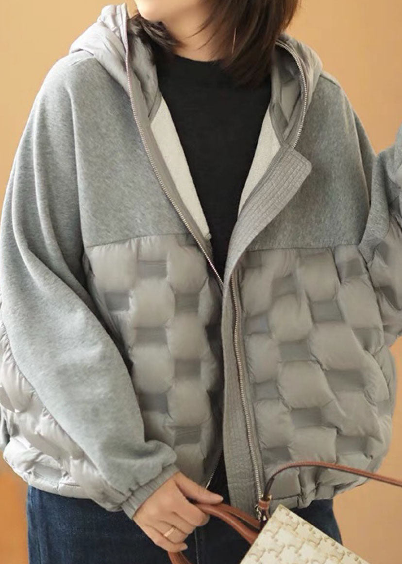 Beige Hooded Patchwork Pockets Winter Duck Down Jackets