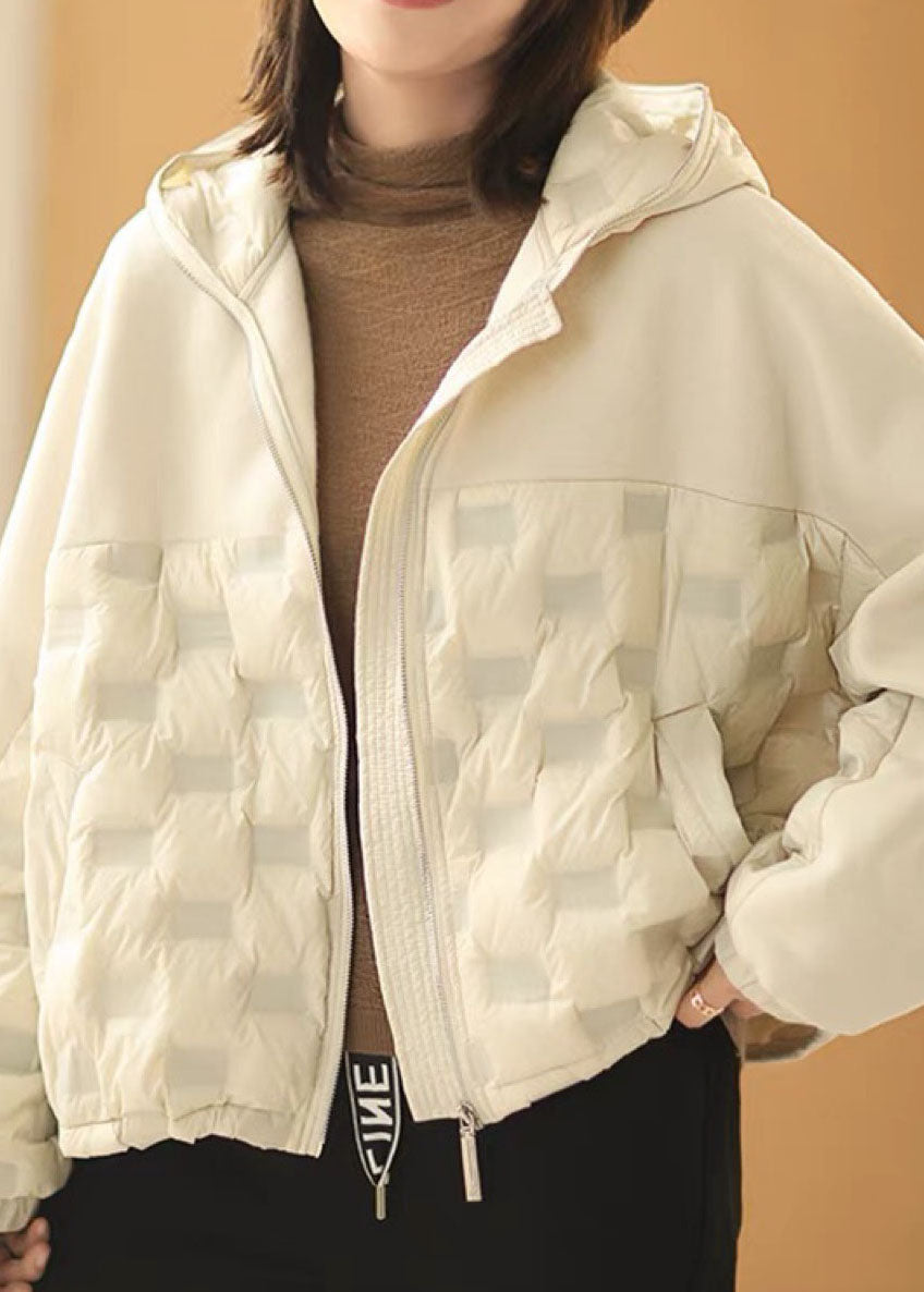 Beige Hooded Patchwork Pockets Winter Duck Down Jackets