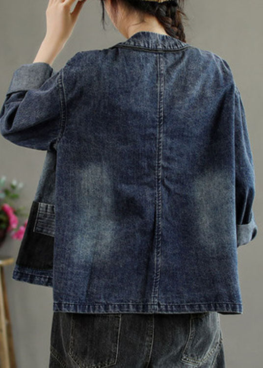 Black Embroideried Pockets Button Patchwork Fall Denim Coat
