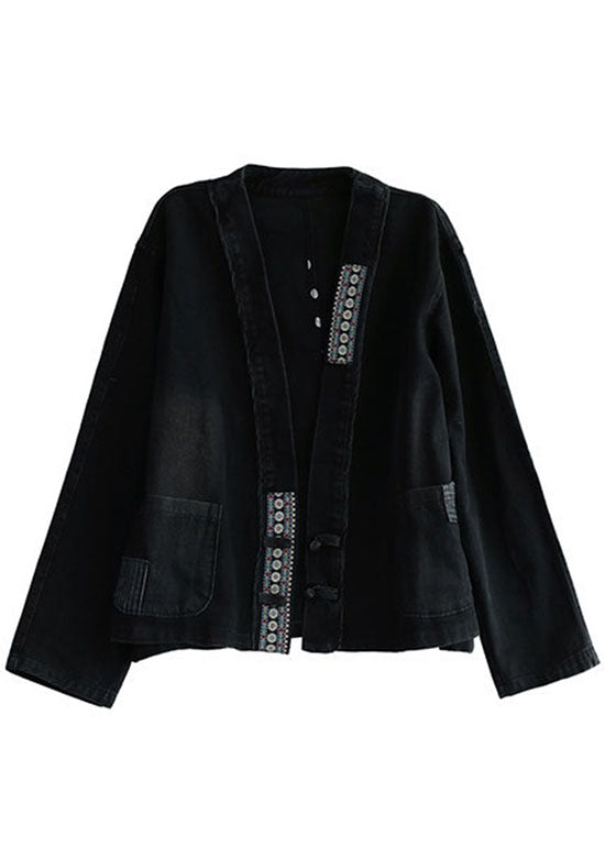 Black Embroideried Pockets Button Patchwork Fall Denim Coat