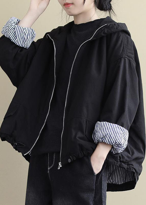 Black Hooded Zippered Winter Cotton Long Sleeve Coat
