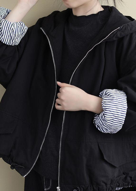 Black Hooded Zippered Winter Cotton Long Sleeve Coat