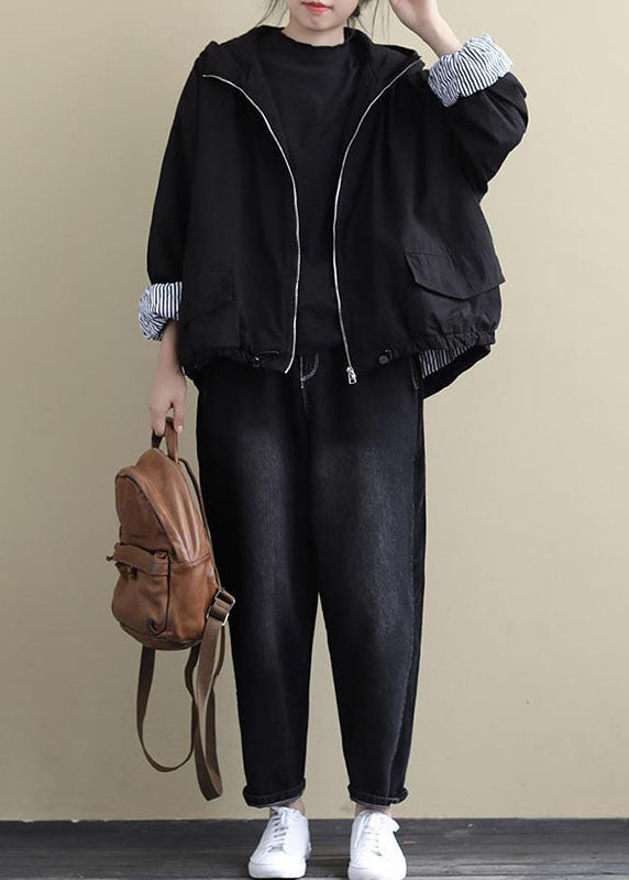 Black Hooded Zippered Winter Cotton Long Sleeve Coat