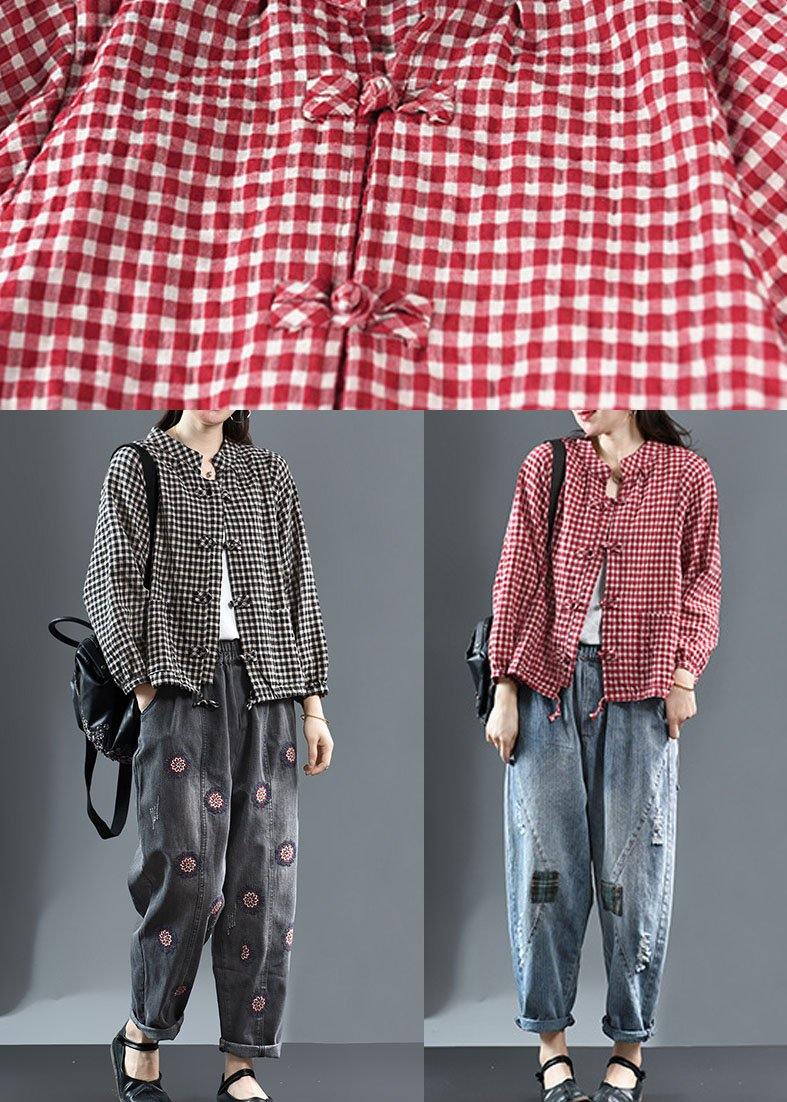 Luxury Red O-Neck Plaid Fall Long Sleeve Trench