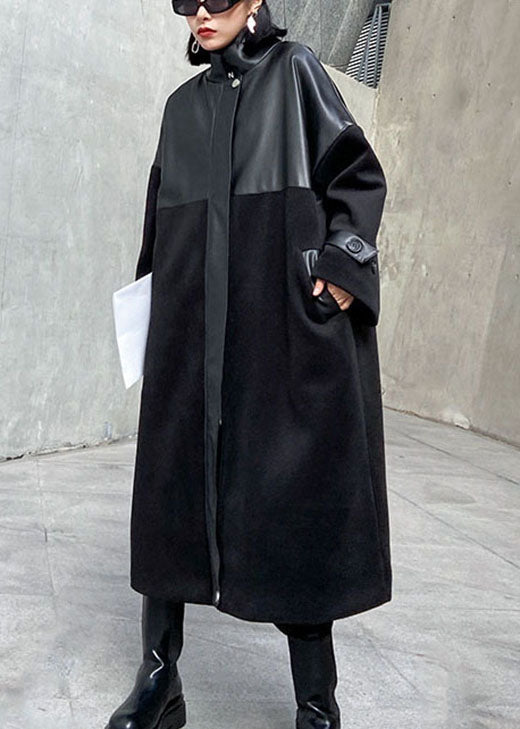 Black Woolen Patchwork Pu Zippered Winter Cotton Coats