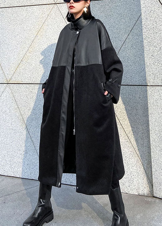Black Woolen Patchwork Pu Zippered Winter Cotton Coats