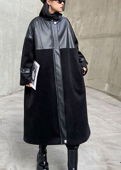 Black Woolen Patchwork Pu Zippered Winter Cotton Coats