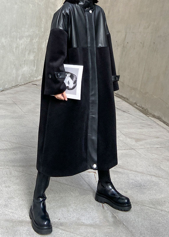 Black Woolen Patchwork Pu Zippered Winter Cotton Coats