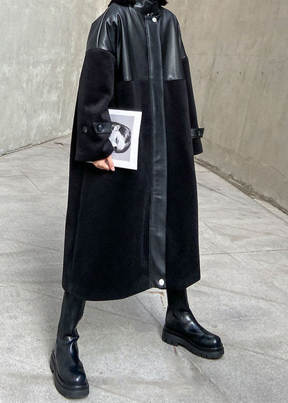 Black Woolen Patchwork Pu Zippered Winter Cotton Coats