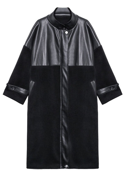 Black Woolen Patchwork Pu Zippered Winter Cotton Coats