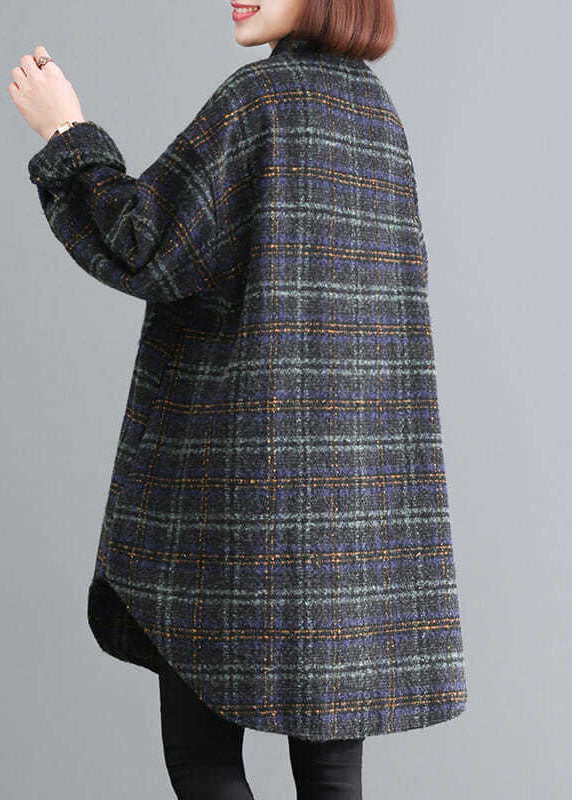 Blue Green Plaid Pockets Button Fall Thick Long Sleeve Coat