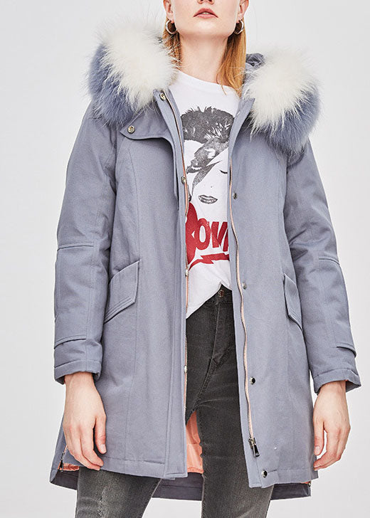 Blue Grey Hooded Fur Collar Drawstring Winter Duck Down Winter Coats