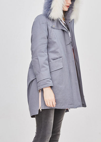 Blue Grey Hooded Fur Collar Drawstring Winter Duck Down Winter Coats