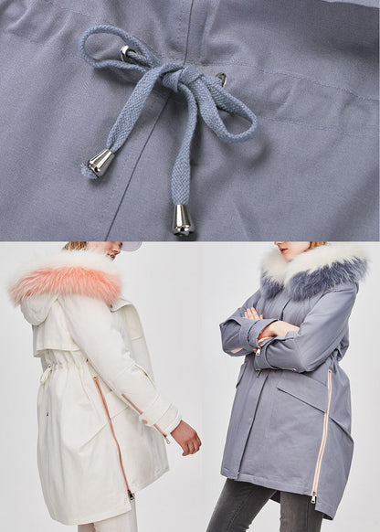 Blue Grey Hooded Fur Collar Drawstring Winter Duck Down Winter Coats