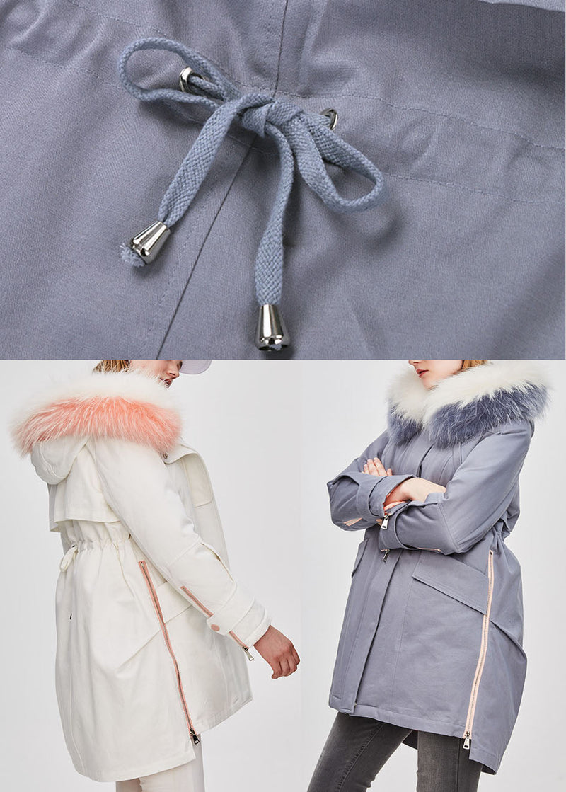 Blue Grey Hooded Fur Collar Drawstring Winter Duck Down Winter Coats