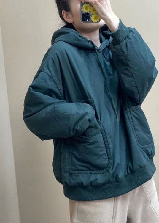 Blue Pockets Drawstring Winter Cotton Hooded Sweatshirt