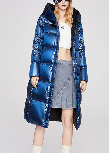 Blue Zippered Pockets Loose Winter Duck Down Coat