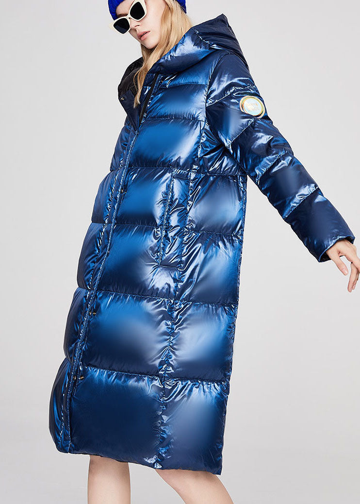Blue Zippered Pockets Loose Winter Duck Down Coat