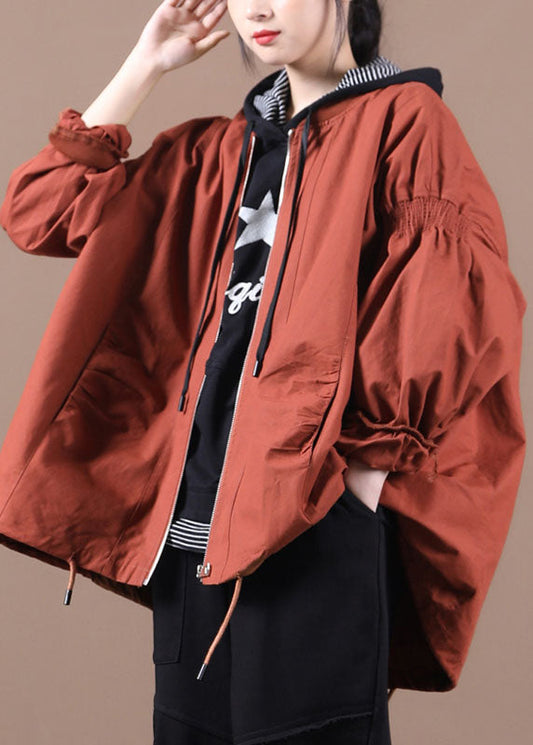 Brick Red Loose Zippered Wrinkled Fall Coats Long Sleeve