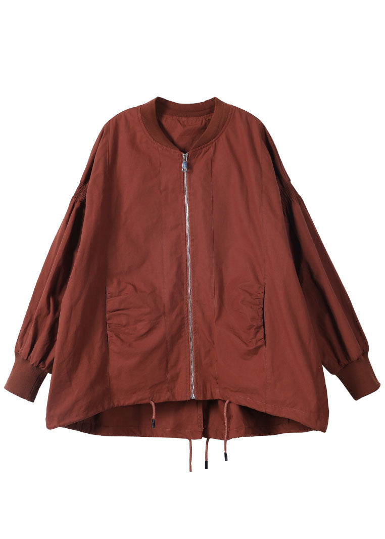 Brick Red Loose Zippered Wrinkled Fall Coats Long Sleeve