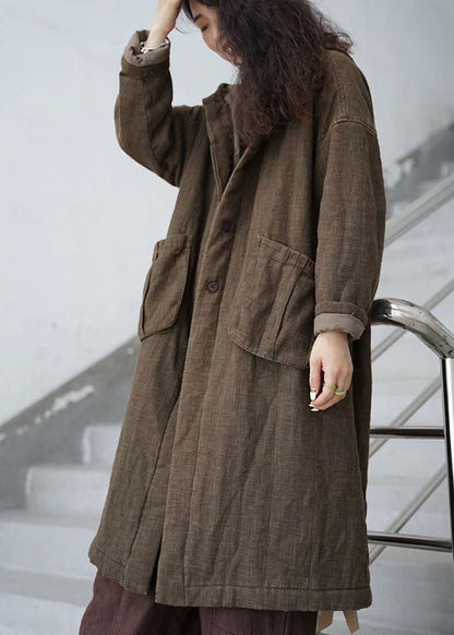Chocolate Hooded Pockets Button Winter Cotton Parka
