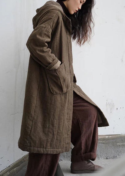 Chocolate Hooded Pockets Button Winter Cotton Parka