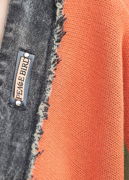 Denim Bat Wing Sleeve Patchwork Knit Button Pockets Fall Coat