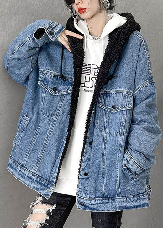 Denim Blue Pockets Patchwork Thick Winter Jacket