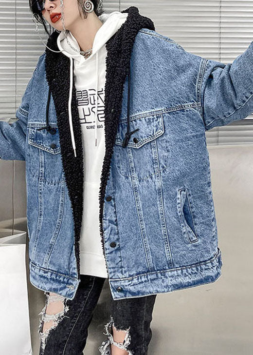 Denim Blue Pockets Patchwork Thick Winter Jacket