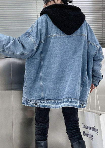 Denim Blue Pockets Patchwork Thick Winter Jacket