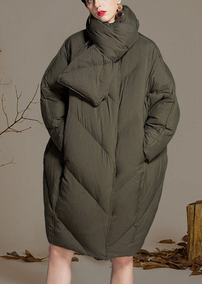 Green O-neck Zippered Loose Winter Duck Down Coats