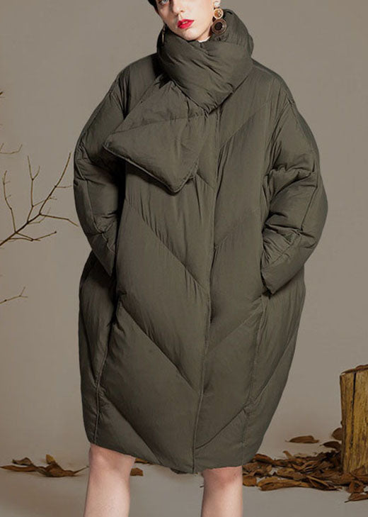 Green O-neck Zippered Loose Winter Duck Down Coats