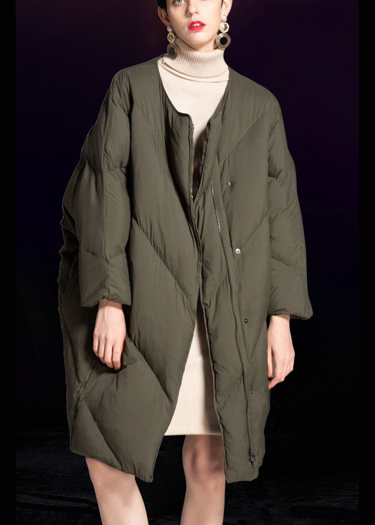 Green O-neck Zippered Loose Winter Duck Down Coats