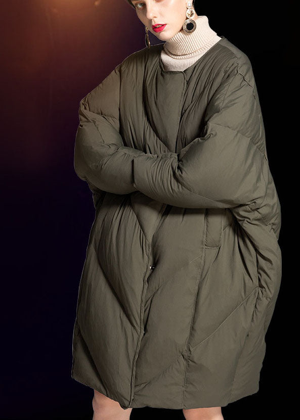 Green O-neck Zippered Loose Winter Duck Down Coats
