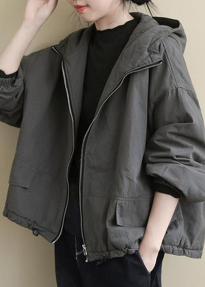Grey Hooded Loose Drawstring Winter Cotton Coats Long Sleeve