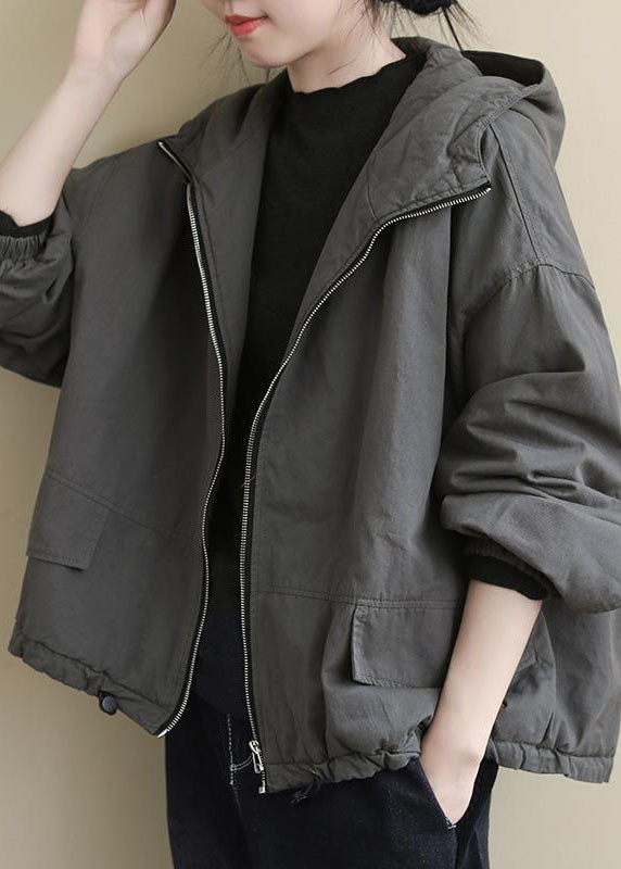 Grey Hooded Loose Drawstring Winter Cotton Coats Long Sleeve