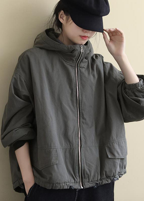 Grey Hooded Loose Drawstring Winter Cotton Coats Long Sleeve