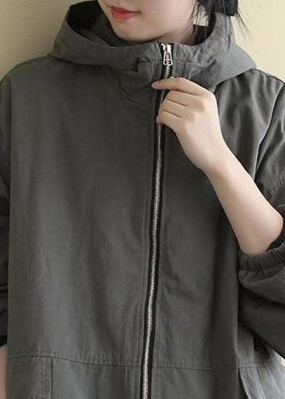 Grey Hooded Loose Drawstring Winter Cotton Coats Long Sleeve