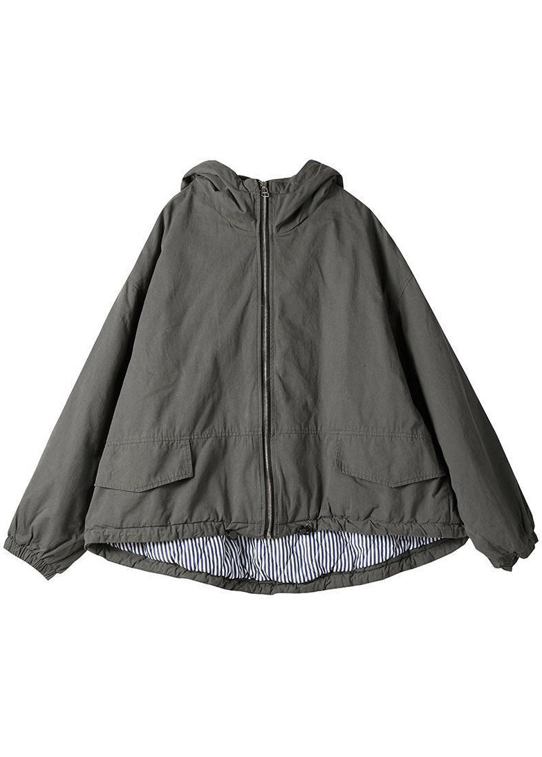 Grey Hooded Loose Drawstring Winter Cotton Coats Long Sleeve
