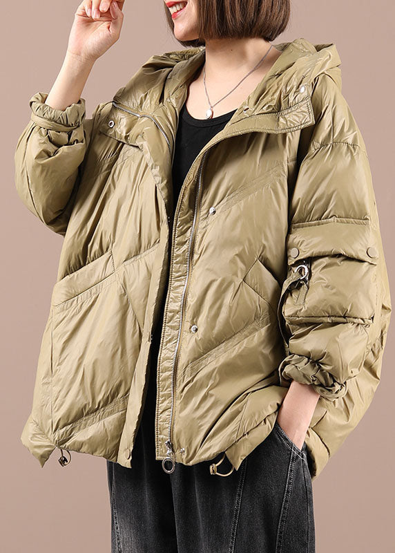 Khaki Loose Zippered Winter Duck Down Long Sleeve Down Coat
