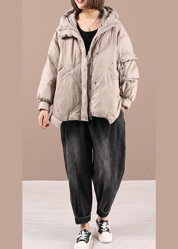 Khaki Loose Zippered Winter Duck Down Long Sleeve Down Coat