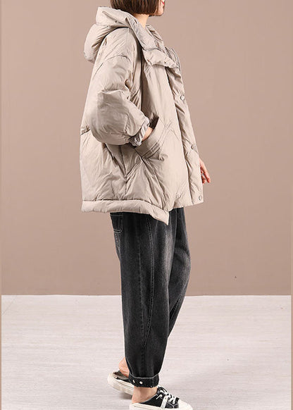 Khaki Loose Zippered Winter Duck Down Long Sleeve Down Coat