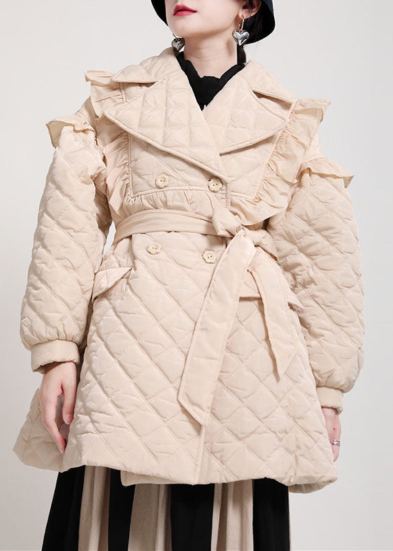 Khaki Pockets Button Ruffled Tie Waist Winter Cotton Parka Long Sleeve
