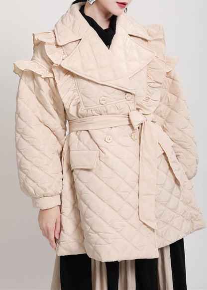 Khaki Pockets Button Ruffled Tie Waist Winter Cotton Parka Long Sleeve