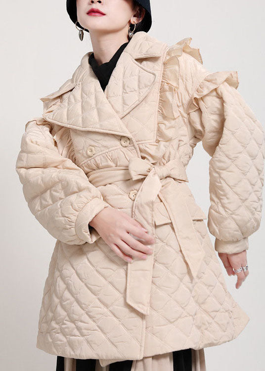 Khaki Pockets Button Ruffled Tie Waist Winter Cotton Parka Long Sleeve