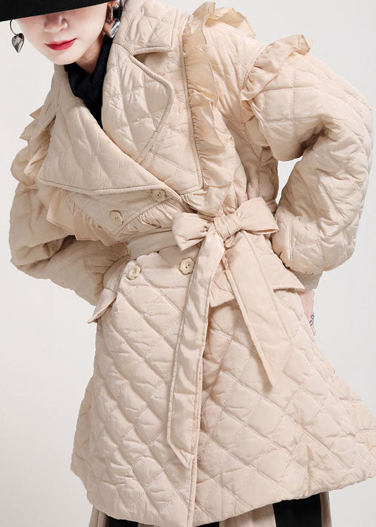 Khaki Pockets Button Ruffled Tie Waist Winter Cotton Parka Long Sleeve