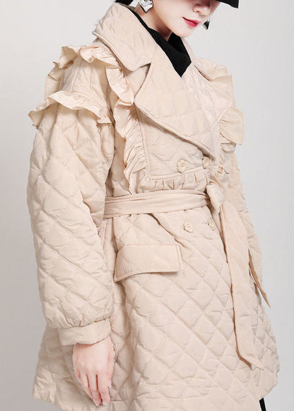 Khaki Pockets Button Ruffled Tie Waist Winter Cotton Parka Long Sleeve