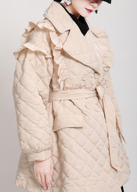 Khaki Pockets Button Ruffled Tie Waist Winter Cotton Parka Long Sleeve