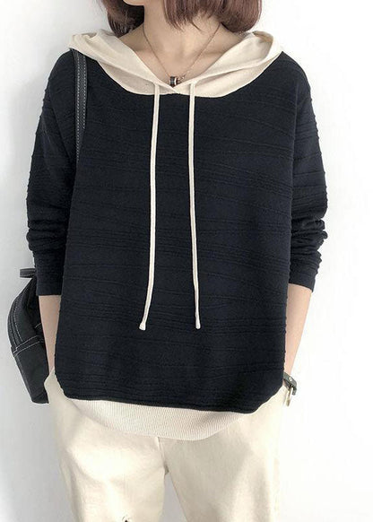 Khaki Hooded Drawstring Patchwork Fall Knit Sweatshirts Top
